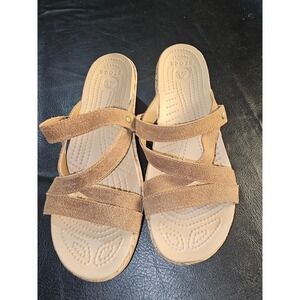 Crocs Womens A-Leigh Cork Rawhide Brown Leather Wedge Sandals 6